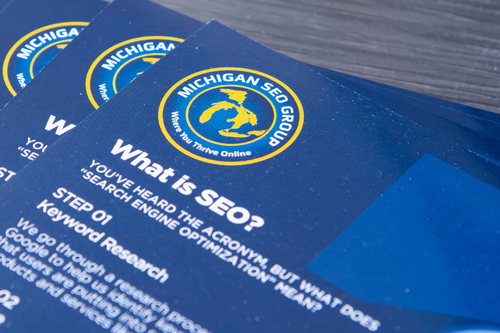 Blue and yellow pamphlet informing clients on SEO and what MSG's practices are. 